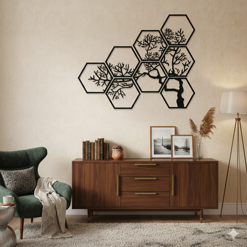 Decoração de Parede 3D Bonsai Harmony – Conjunto de 8 Peças Hexagonais (Favo de Mel) | Espessura 5mm | By: EL3DCreations